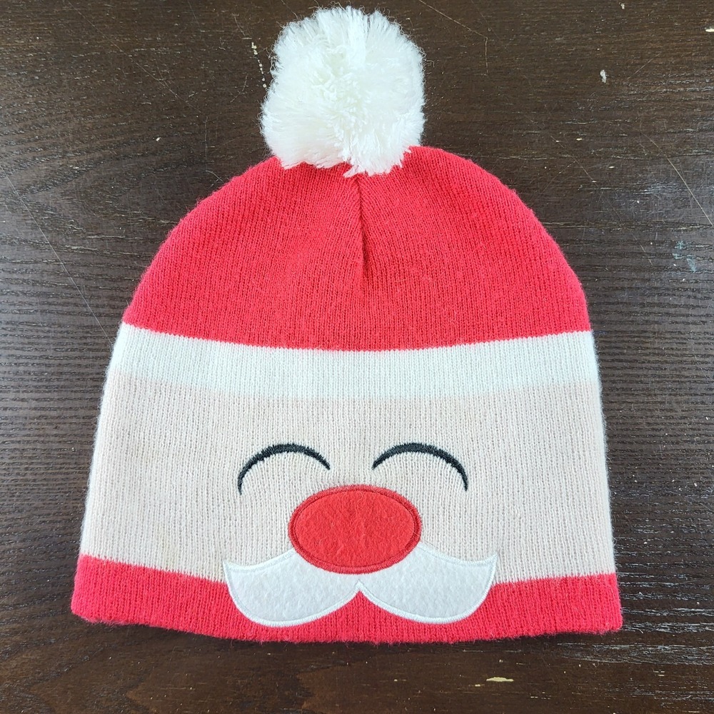 Childrens Christmas Santa Beanie Hat Ages 3+ Red and White with Santa Face
